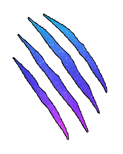 Four parallel lines styled as scratch marks from a tiger. Within the marks is a blue, purple, and pink gradient with white dots to appear like space.