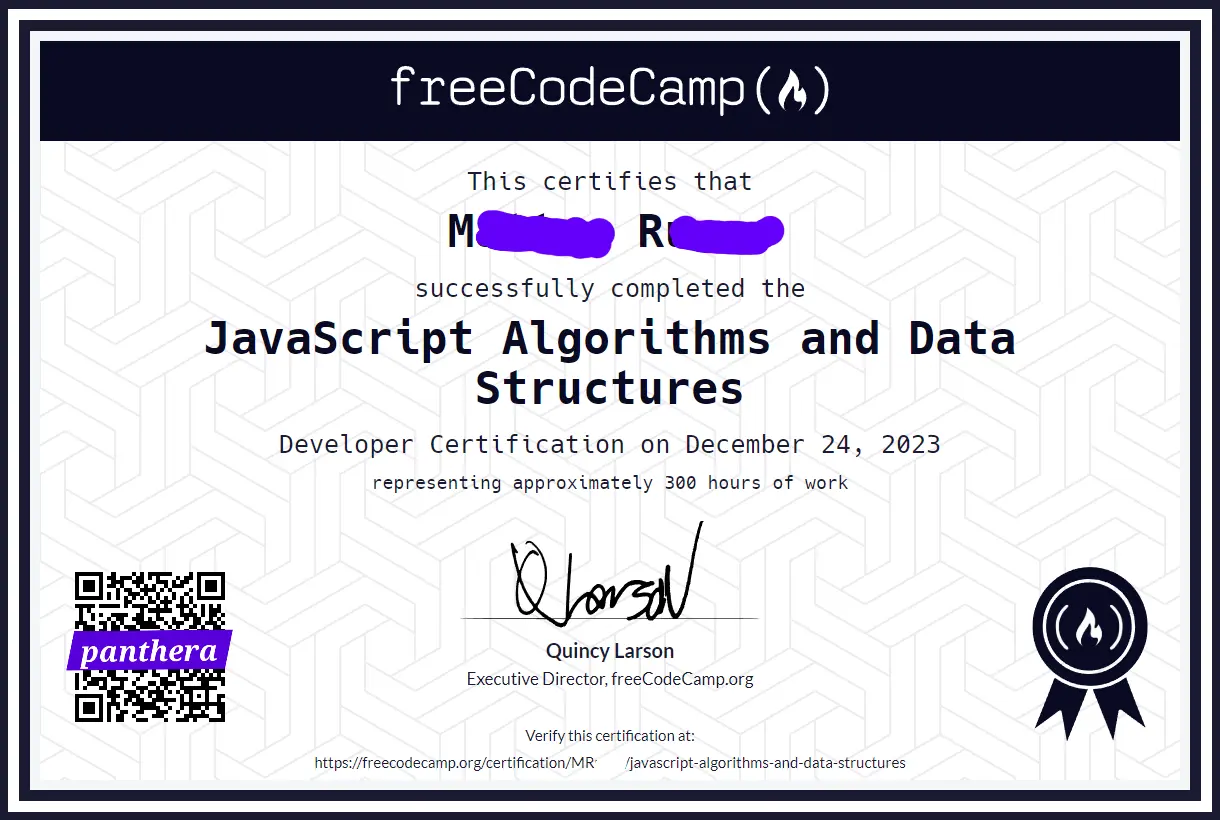 FreeCodeCamp Certification: JavaScript Algorithms and Data Structures. October 24, 2023