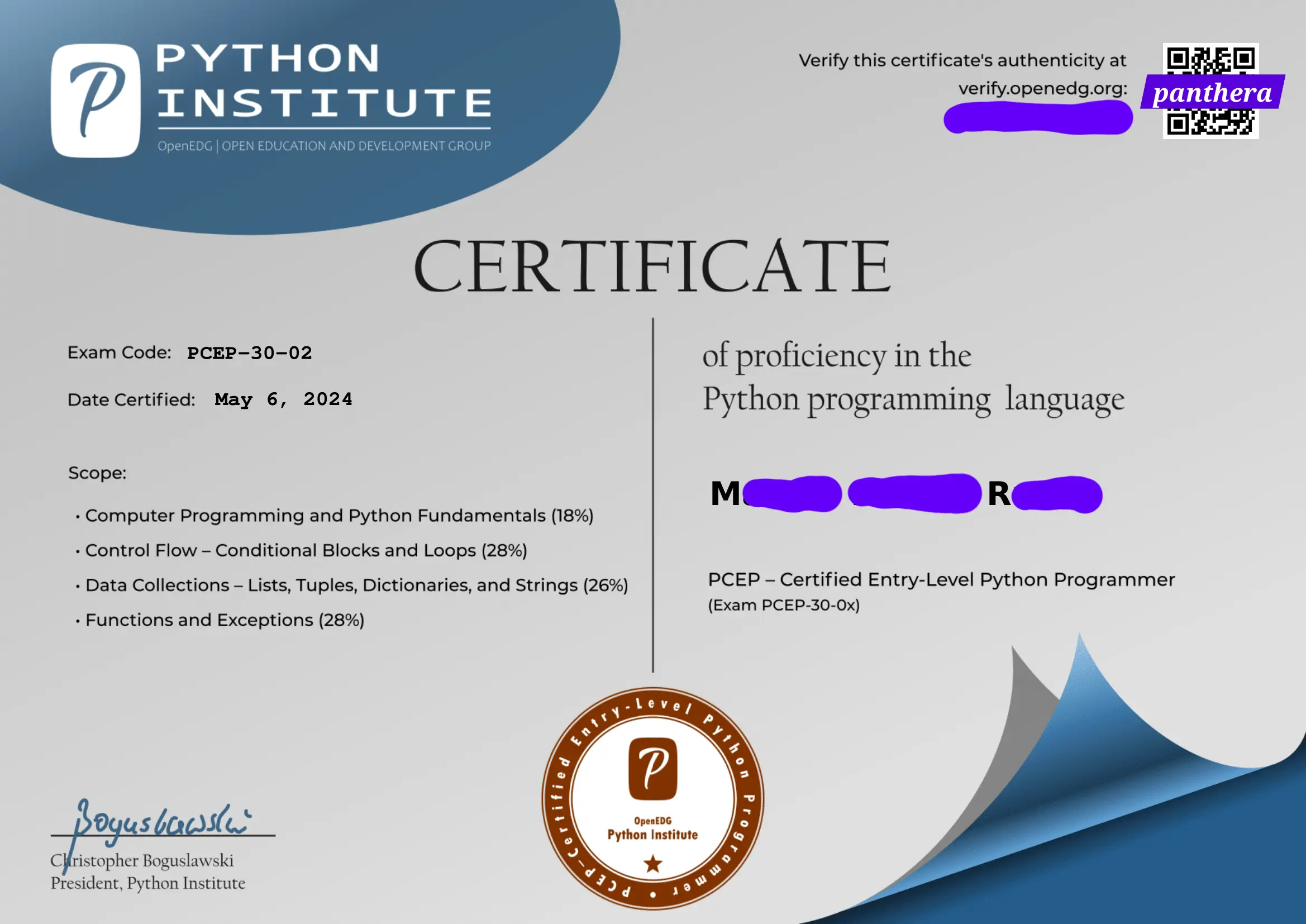 Python Institute Certification for proficiency in the Python programming language. Exam Code PCEP 30 02.